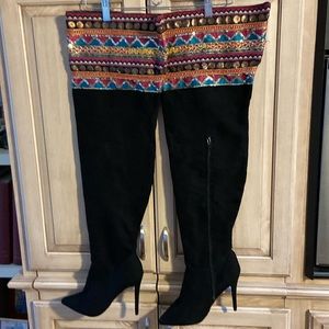 Vegan black boots over the knee Anne Michelle euc 7.5 Halloween elfin look